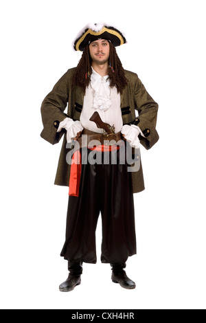 Homme dans un costume de pirate avec pistolet. Isolé Banque D'Images