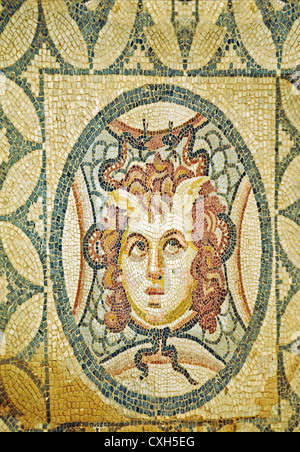 Mosaïque romaine d'une tête à l'intérieur de la Maison romaine, UNESCO World Heritage Site Archéologique, Ephesus Banque D'Images