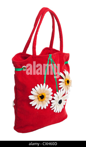 Sac de plage rouge isolé avec des fleurs Banque D'Images