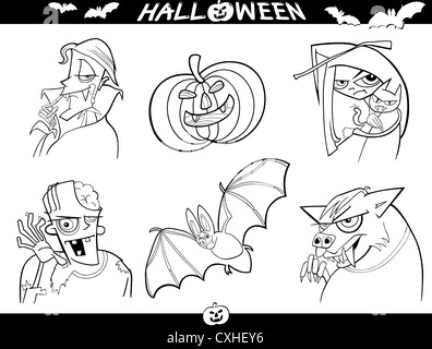 Cartoon Illustration de thèmes Halloween, Vampire, zombie, Loup-garou, sorcière, citrouille et bat Set rigolo pour livre de coloriage ou une page Banque D'Images