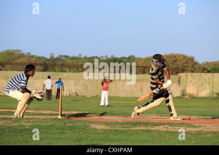 Les jeunes hommes jouant un jeu de cricket pratique à Trincomalee, Sri Lanka. Banque D'Images