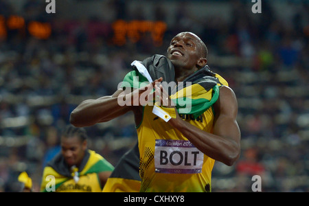 Usain Bolt de la Jamaïque célèbre. Banque D'Images