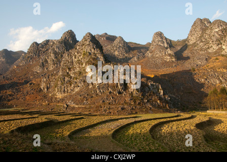 Les montagnes de calcaire et la vallée, Dong Van, Ha Giang, Vietnam Banque D'Images