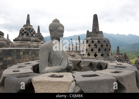 Statue de Bouddha stupa perforés rate sa couverture, Borobudur, à Java, en Indonésie. Banque D'Images