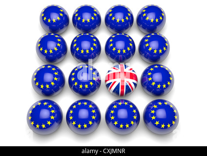 15 boules avec le drapeau de l'Europe et 1 balle avec le drapeau de l'union britannique - notion de droit Banque D'Images