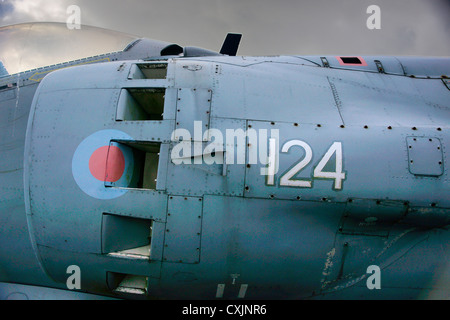 Harrier GR3 Abandon'XZ969, Sea Harrier FRS1 ZD581, et T4 Harrier XW271, à l'aérodrome de Predannack, Cornwall, UK Banque D'Images