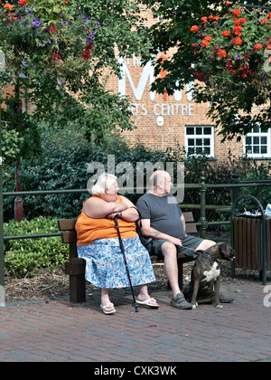 Une femme en surpoids s'est assise avec son mari et son chien de compagnie et s'est assise sur le banc du parc. Angleterre Royaume-Uni Banque D'Images