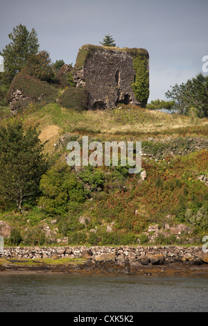 Île de Mull, en Ecosse. Vue pittoresque de Mull's east coast avec le 13e siècle ruines du château de cordon Aros en arrière-plan. Banque D'Images