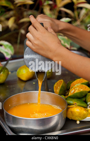 Petite fille en appuyant sur le jus d'Orange à Bangkok Banque D'Images