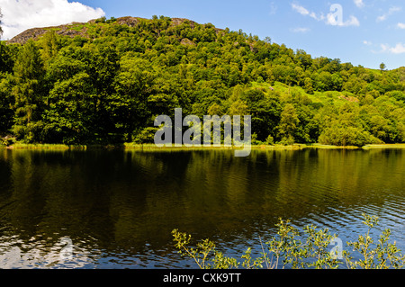 Le soleil brille sur les pentes rocheuses de richement boisée a diminué la production de reflets dans l'obscurité de l'eau ondulante ci-dessous, Coniston Banque D'Images