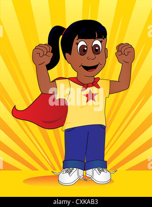 Super Hero Girl standing in front of a Sun Burst Background Banque D'Images