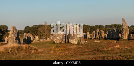 Droit à la tombée de monuments mégalithiques menhirs à Carnac Bretagne , dans le nord-ouest de la France. Banque D'Images