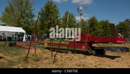 Un cheval 1907 International Harvester sur la ramasseuse-presse à foin de la ferme Antique Show, Daviess comté rural du nord de l'Indiana. Banque D'Images