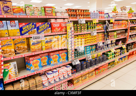 Produits alimentaires en vente sur les étagères dans un magasin Poundland. Banque D'Images