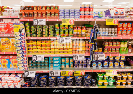 Produits alimentaires en vente sur les étagères dans un magasin Poundland. Banque D'Images