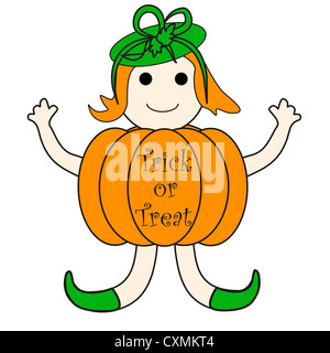 Pumpkin girl cartoon avec Trick ou traiter un message Banque D'Images