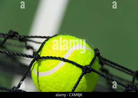 Jaune verdâtre brillant, balle de tennis sur ciment fraîchement peint Banque D'Images