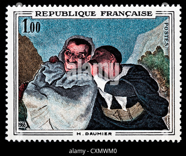 Timbre Français 1966 non utilisés représentant 'Crispin et Scapin' par Honoré Daumier. Banque D'Images