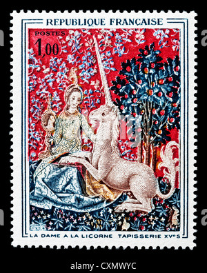 Timbre Français 1964 non utilisés représentant "La Dame et la licorne" tapisserie. Banque D'Images