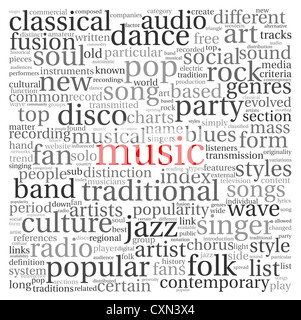 Styles de musique concept dans word tag cloud on white Banque D'Images