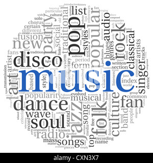 Styles de musique concept dans word tag cloud on white Banque D'Images