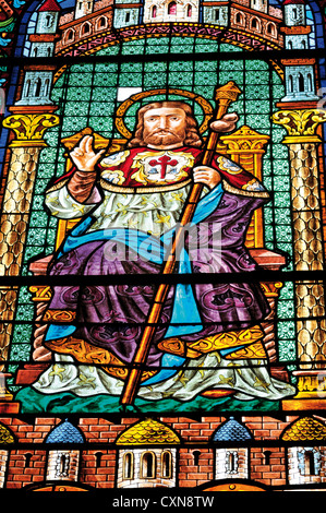 L'Espagne, Saint James Way : fenêtre en verre avec Saint Jacques dans la Cathédrale de Santiago de Compostela Banque D'Images
