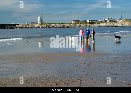 Les gens qui marchent sur les chiens Trecco Bay, plage de Porthcawl, dans le sud du Pays de Galles, Royaume-Uni. Banque D'Images