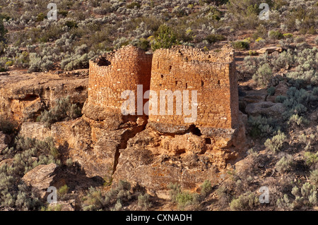 Twin Towers ruines de Hovenweep National Monument, du Plateau du Colorado, Utah, USA Banque D'Images