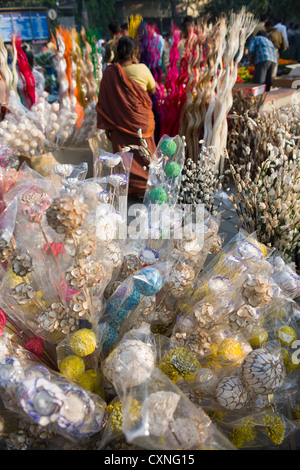 Fleurs artificielles au matin, marché aux fleurs, Connaught Place, New Delhi, Inde Banque D'Images