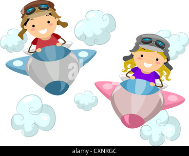 Illustration d'enfants portant des tenues tout en volant un aviateur Avion de fortune Banque D'Images