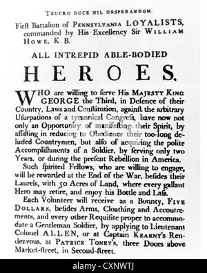 Guerre d'INDÉPENDANCE AMÉRICAINE (1775-1783) de l'affiche de recrutement pour les hommes de rejoindre l'Illinois loyalistes sous la direction de sir William Howe Banque D'Images
