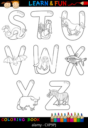 Livre de coloriage Alphabet dessin animé ou d'un jeu de pages avec animaux drôles pour les enfants l'éducation et de plaisir Banque D'Images