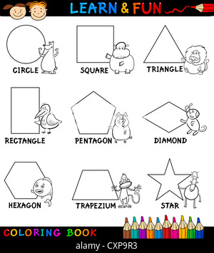 Livre de coloriage dessin animé ou de la page Illustration de formes géométriques de base avec des légendes et personnages de bande dessinée Animaux Banque D'Images