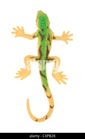 Vue de dessus d'un jouet gecko sur un fond blanc. Banque D'Images