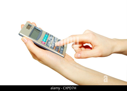 A hand holding calculator isolated on white Banque D'Images