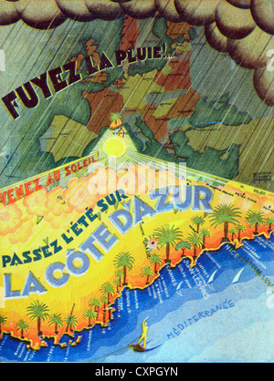 Vintage ou ancien annonce ou publicité pour la Côte d'Azur (fuir la pluie venir au soleil) c1930 Banque D'Images