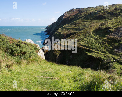 La section de l'épaulement raide Isle of Anglesey Sentier côtier avec vue sur la côte sauvage au-delà de la bouche de l'enfer ou Cynfor Porth Bay Banque D'Images