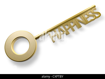 3D render of a clé d'or avec le mot bonheur - Notion de droit Banque D'Images