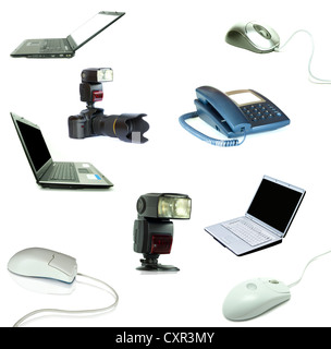 Collection d'objets de technologie isolé sur fond blanc Banque D'Images