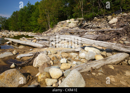 Les vestiges d'anciennes barrage en bois le long de la branche est de la rivière Pemigewasset dans Lincoln, New Hampshire, USA Banque D'Images