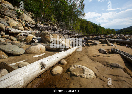 Les vestiges d'anciennes barrage en bois le long de la branche est de la rivière Pemigewasset dans Lincoln, New Hampshire, USA Banque D'Images