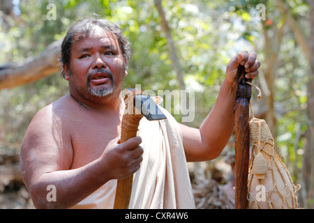 Constructeur du canot à un "Vivre l'histoire", conférence, école de Hawaii Volcanoes National Park, Big Island, USA *** Modèle Limited Release - Banque D'Images