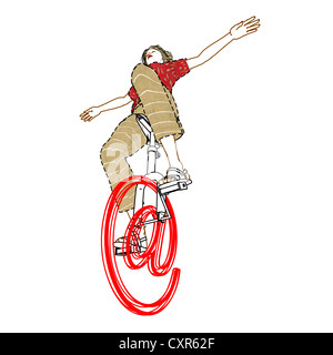 Vélo femme sur un symbole 'at' en l'utilisant comme un monocycle, image symbolique, surfer sur internet, illustration Banque D'Images