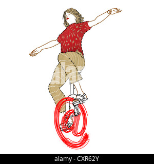 Vélo femme sur un symbole 'at' en l'utilisant comme un monocycle, image symbolique, surfer sur internet, illustration Banque D'Images