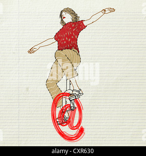 Vélo femme sur un symbole 'at' en l'utilisant comme un monocycle, image symbolique, surfer sur internet, illustration Banque D'Images