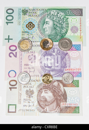 Billets, pièces, Zloty, monnaie de la République de Pologne Banque D'Images