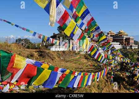 Les drapeaux de prières sur Namobuddha Temple, Vallée de Katmandou, UNESCO World Heritage Site, Népal, Asie Banque D'Images