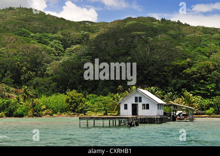 Tauahei pearl farm, Raiatea ou Ra'iatea, Îles sous le Vent, îles de la société, Polynésie française, l'Océan Pacifique Banque D'Images