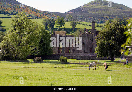 Abbaye de Melrose avec l'Eildon Hills dans l'arrière-plan des Scottish Borders en Écosse Banque D'Images