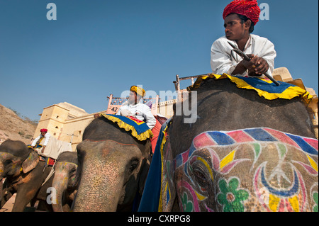 Mahout ou conducteur d'éléphants avec un turban rouge assis sur un éléphant peint, Fort Amer, Fort Amber ou Amber Palace, Jaipur Banque D'Images